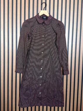 A.P.C. Shirt Dress XS Womens Red Striped Poplin Shoulder Midi Button Up Collared